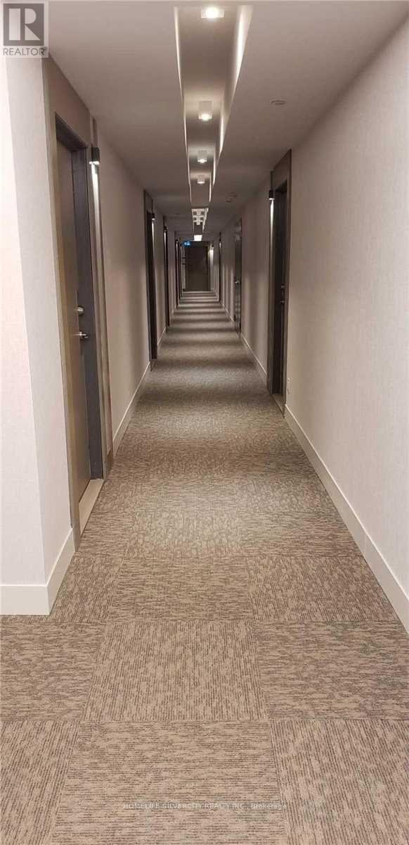 A long hallway with doors on both sides and a carpeted floor.