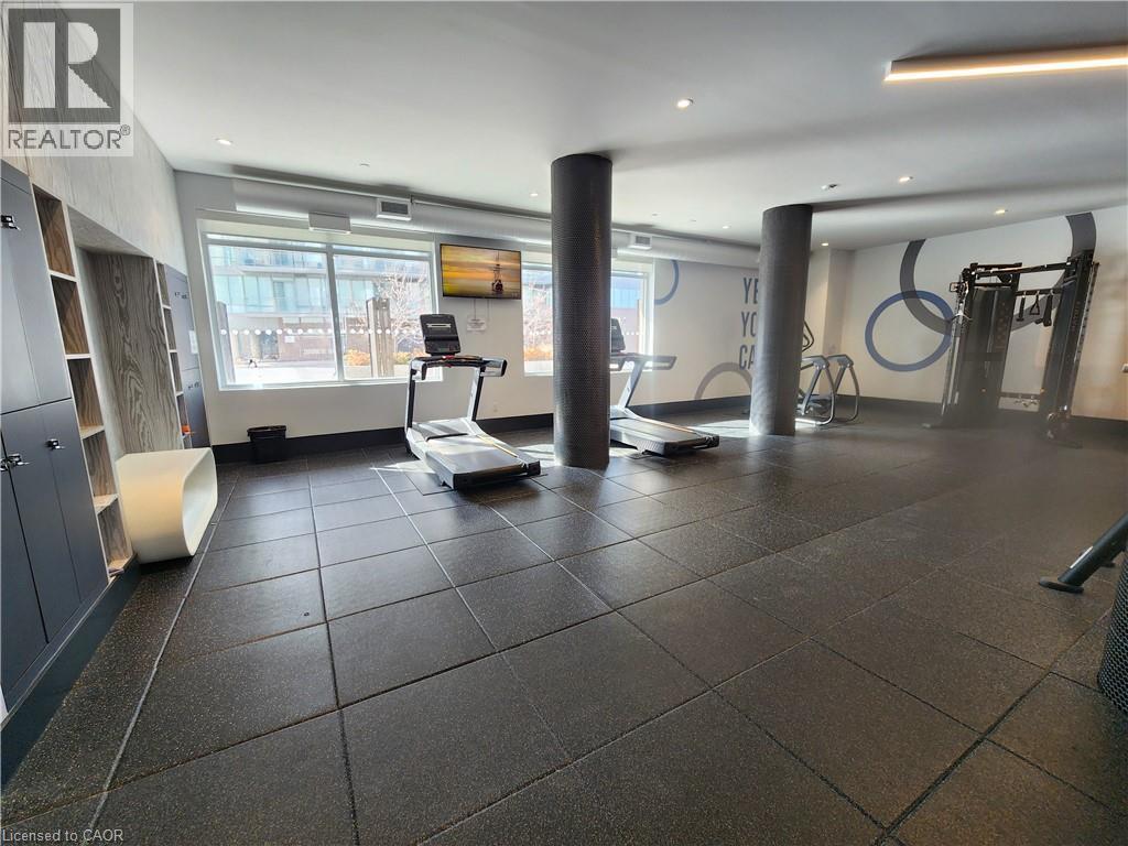 A gym with a treadmill, weights and exercise equipment.