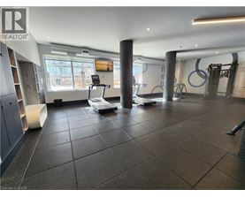 A gym with a treadmill, weights and exercise equipment.