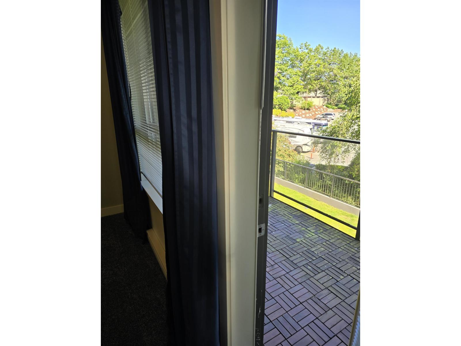 A view from inside a train looking out to a blue sky and green trees.