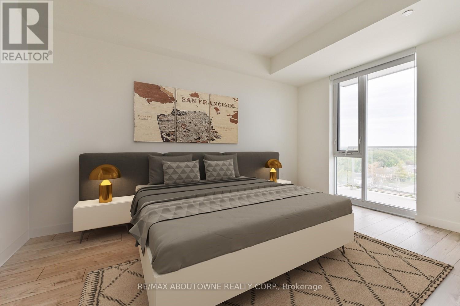A bedroom with a large bed and a San Francisco map on the wall.