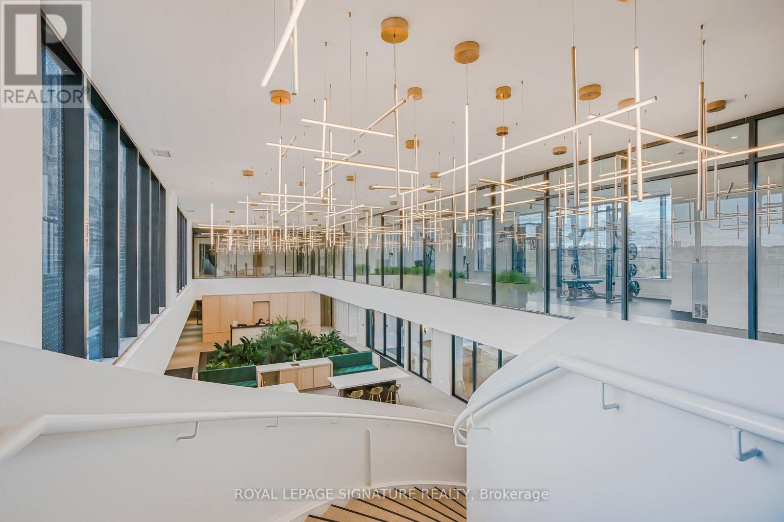 A modern interior space with a white ceiling, wooden beams, and a green plant.