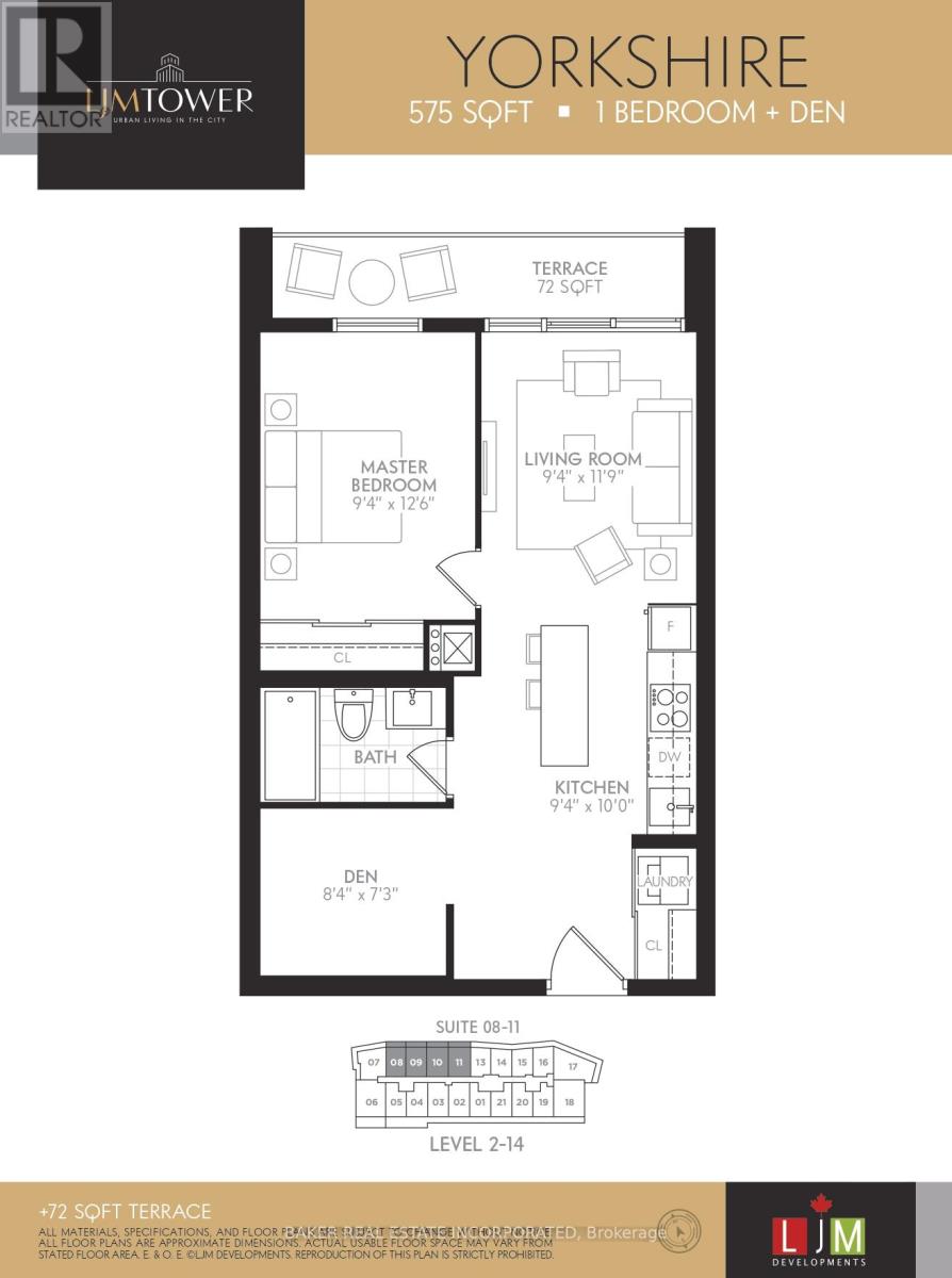 A floor plan for a 575 square foot apartment with one bedroom and den.