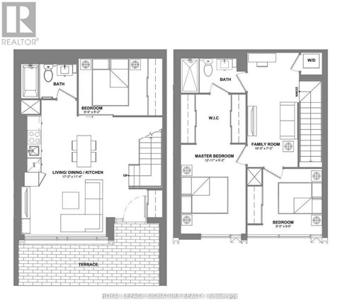 A floor plan of a house with two bedrooms, a living area, a kitchen, and bathrooms.