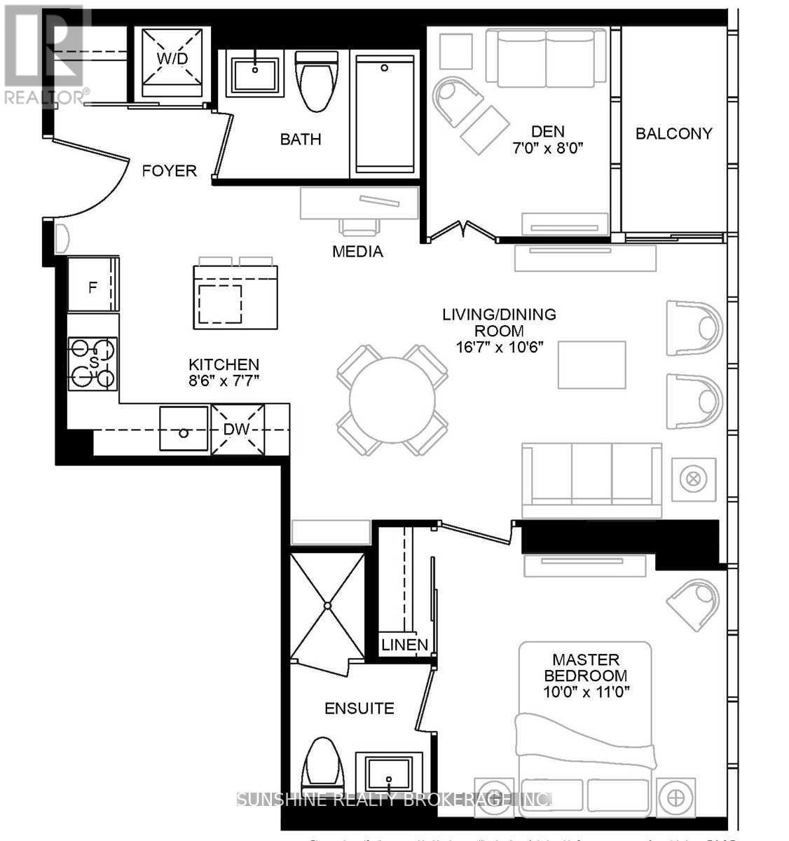 A black and white floor plan of an apartment with a living room, kitchen, and bath.
