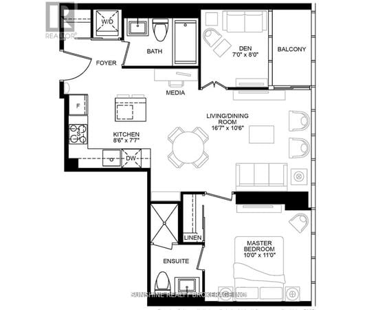 A black and white floor plan of an apartment with a living room, kitchen, and bath.
