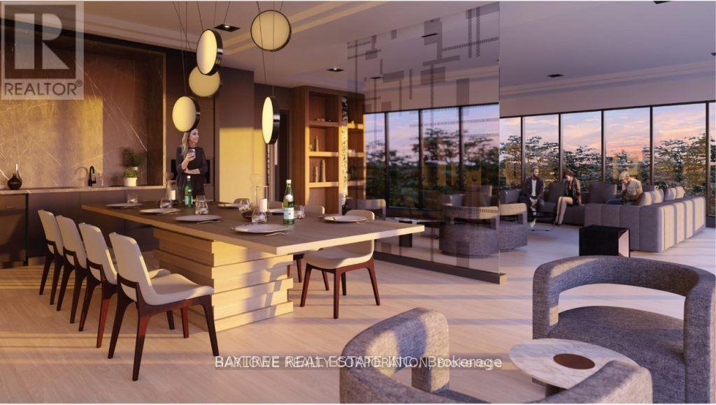 A modern office space with a reception desk and chairs.