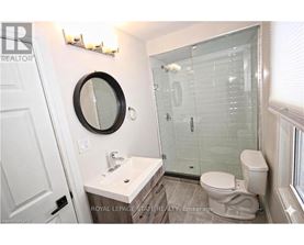 A bathroom with a toilet, sink, mirror and shower.