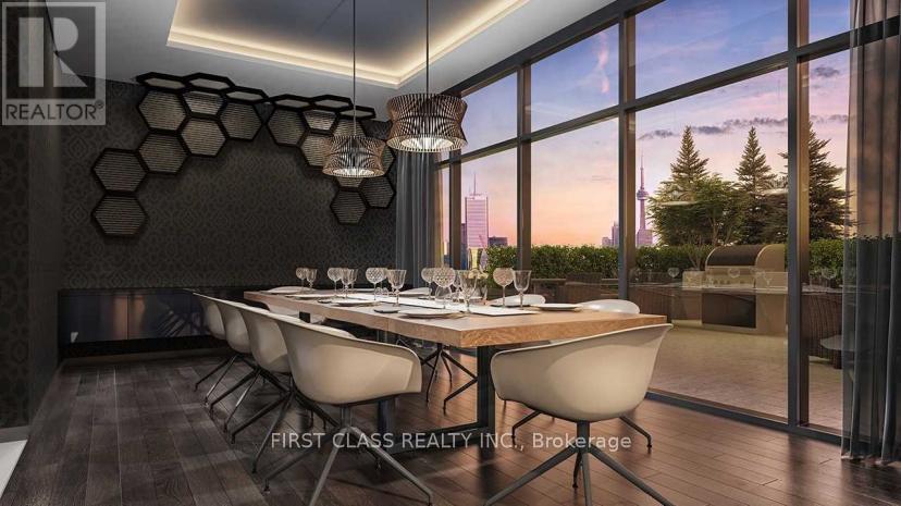 A dining room with a table set for six with a view of the city.