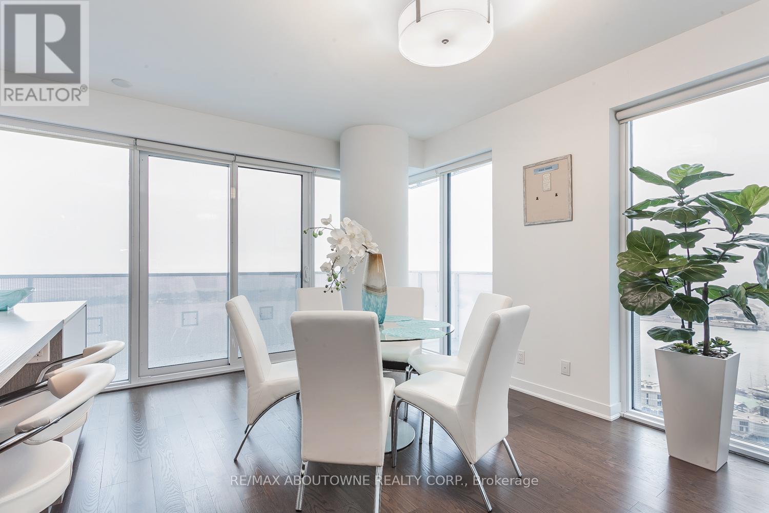 A dining room with a table and chairs and a plant.