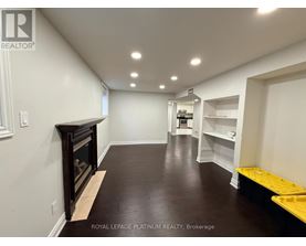 A room with a fireplace and shelves.