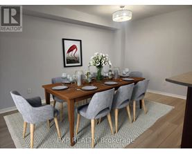A dining room with a wooden table and grey chairs.