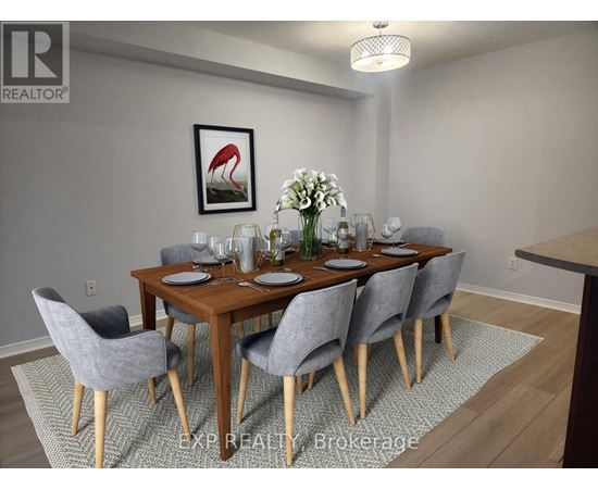 A dining room with a wooden table and grey chairs.