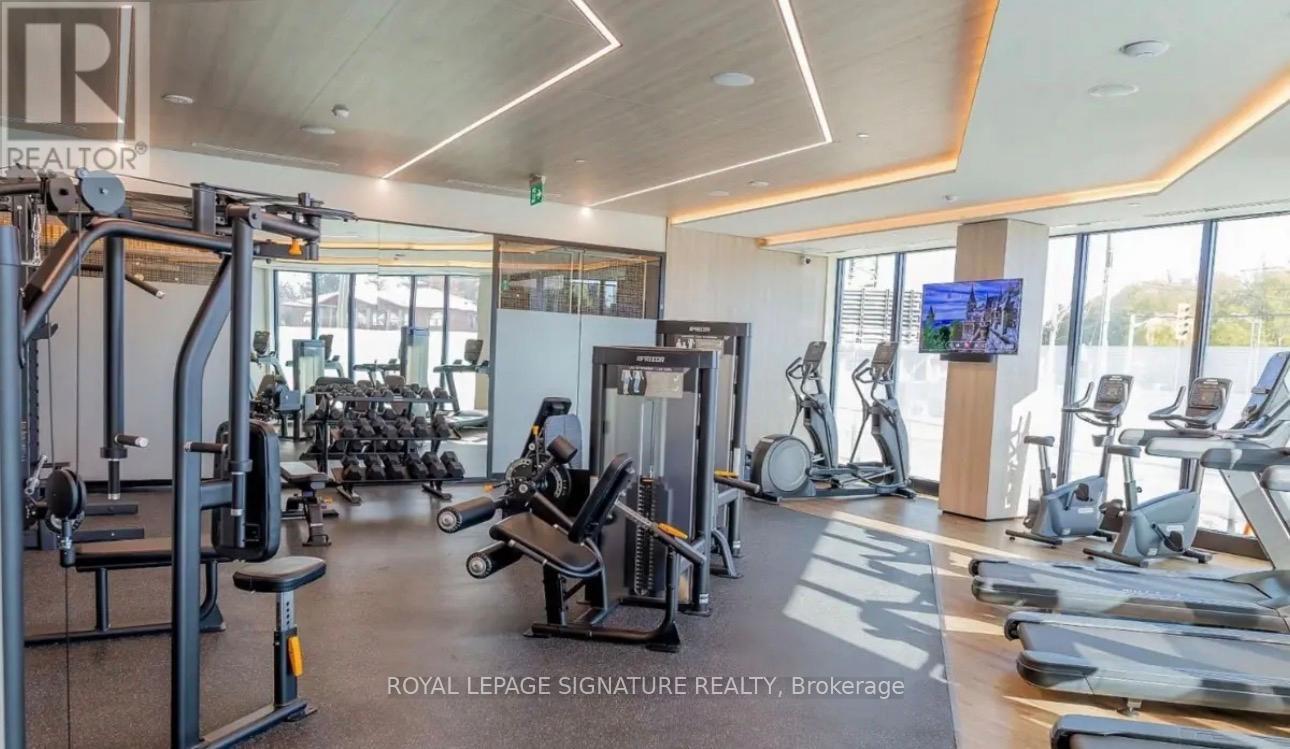 A gym with a variety of equipment including treadmills, weights, and exercise machines.