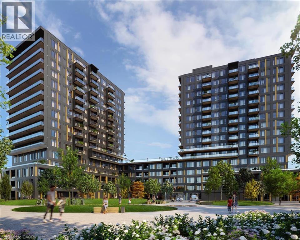 Two modern apartment buildings with balconies and a park in front.