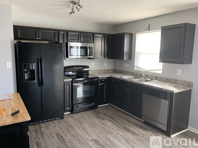 A kitchen with black appliances and cabinets.