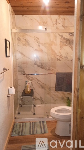 A bathroom with a marble wall and a toilet.