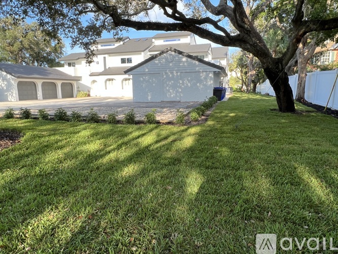 A tree in a yard with a house in the background.