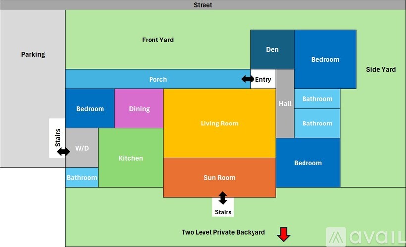 A diagram of a house layout with labeled rooms such as "Kitchen", "Dining", and "Bedroom".