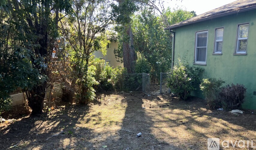 A backyard with a green house, trees, and a fence.