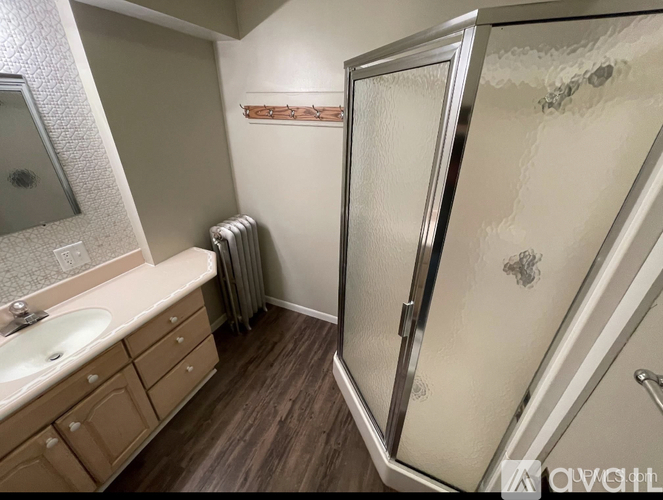 A bathroom with a sink, mirror, and shower.
