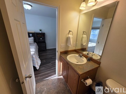 A bathroom with a sink, mirror, and a bedroom with a bed and a dresser in the background.