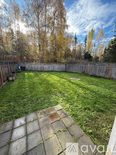 A backyard with a wooden fence and a green lawn.