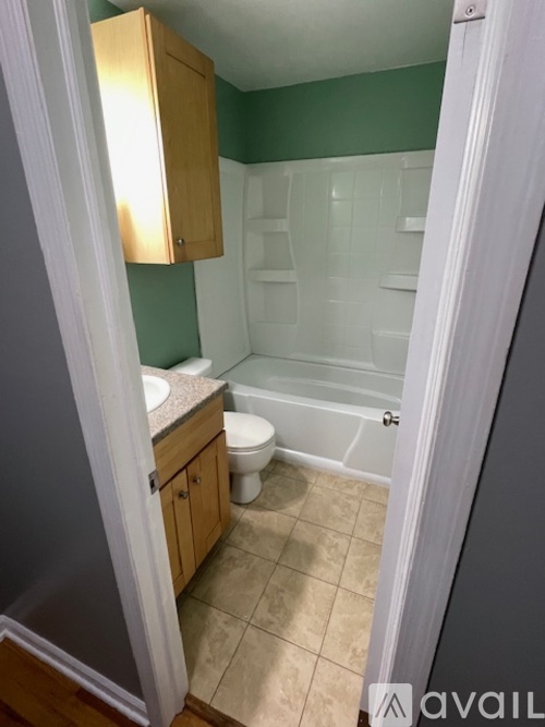 A bathroom with green walls and a white door.