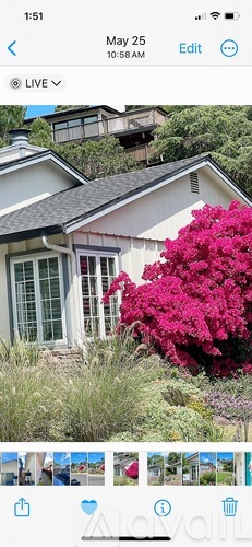A white house with a pink flower in front.