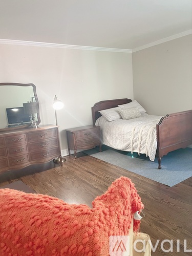 A bedroom with a bed, dresser, and mirror.