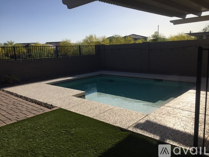 A small pool surrounded by a concrete patio and a black fence.