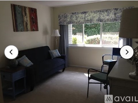 A living room with a dark sofa, a small table with a lamp, and a window with curtains.