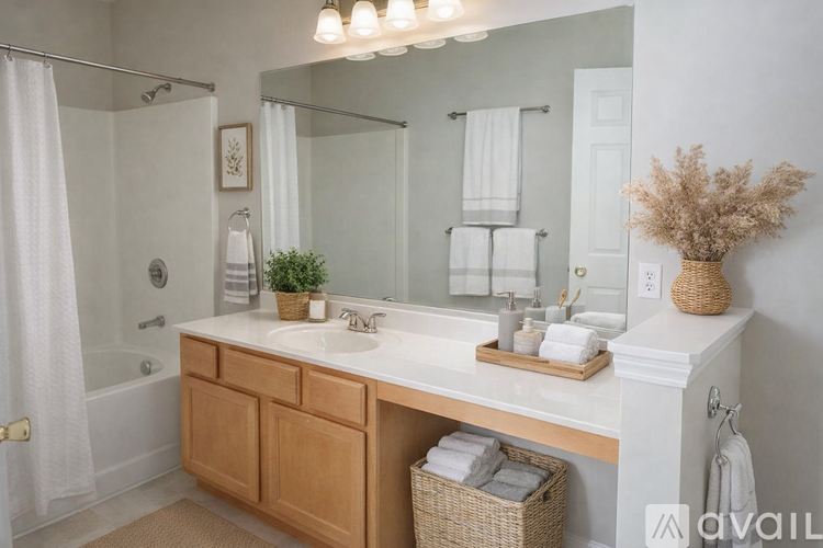 A bathroom with a white countertop and a white sink.