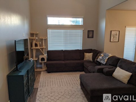 A living room with a brown couch and a television.