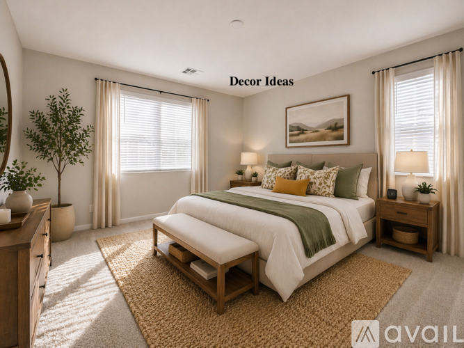 A bedroom with a large bed and a painting on the wall.