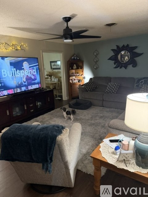 A dog is sitting on a couch in a living room.