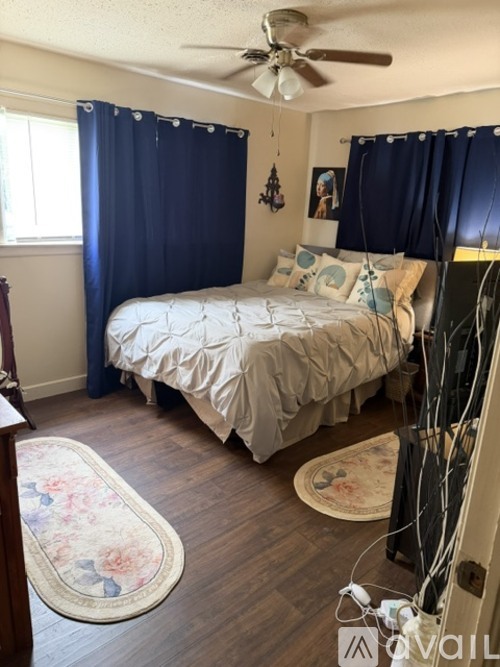 A bedroom with a bed, a ceiling fan, and a rug.