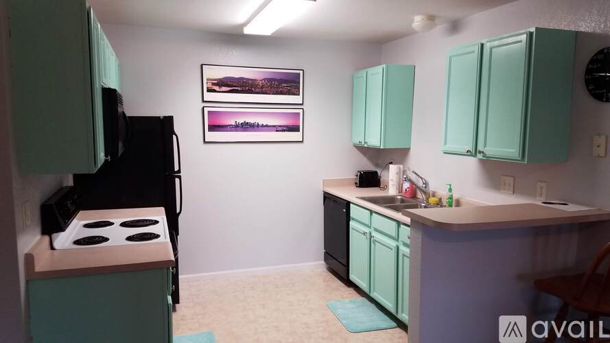 A kitchen with green cabinets and a black stove top oven.