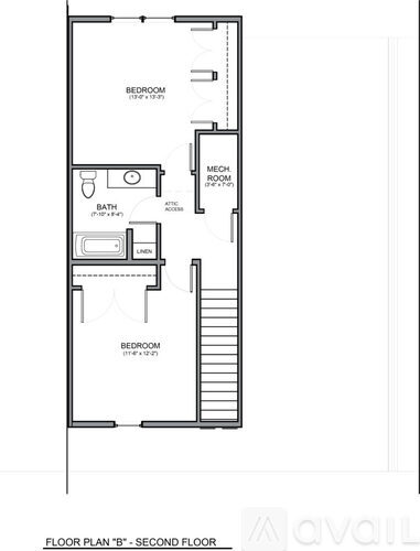 A floor plan of a second floor apartment with a bathroom, bedroom, and mech room.