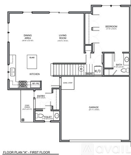 A floor plan of a first floor layout for a house.
