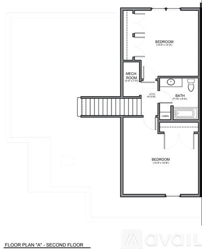 A floor plan of a second floor showing two bedrooms, a mech room, a bathroom, and a laundry area.
