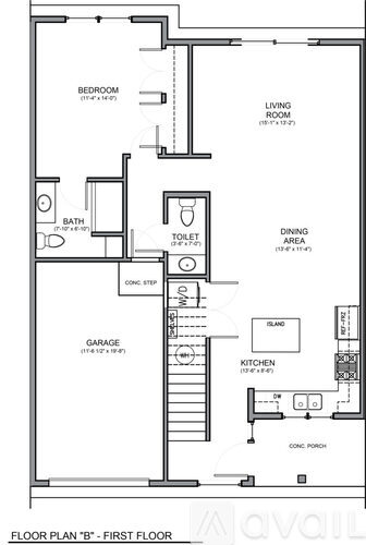 A first floor floor plan includes a bedroom, living room, dining area, kitchen, bathroom, and garage.