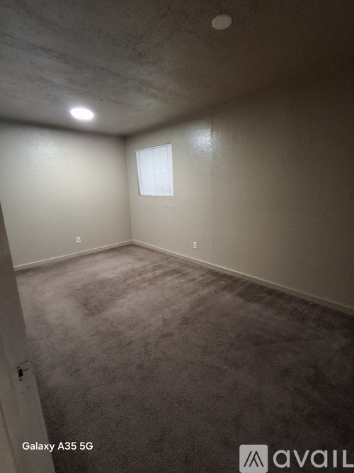 A room with a carpeted floor and a window.