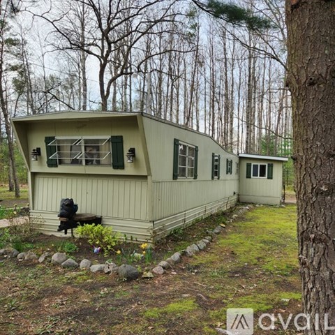 A house with green shutters is surrounded by trees.