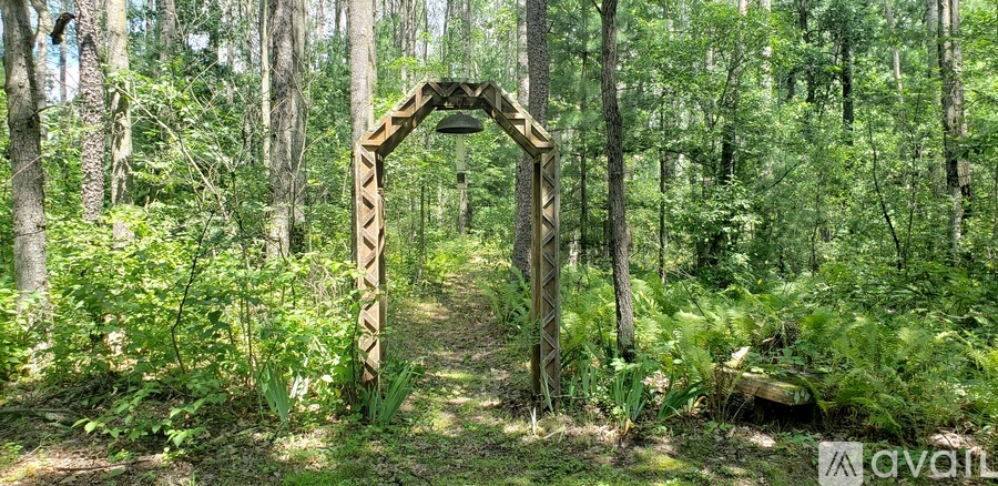 A wooden archway stands in the middle of a forest.