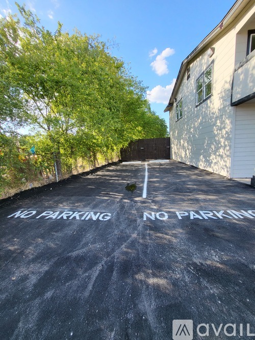 A black and white image of a driveway with "NO PARKING" written on it.