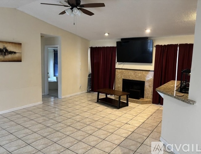 A living room with a fireplace and a television.