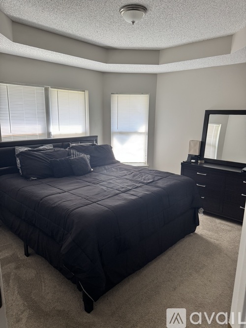 A bedroom with a large bed, a dresser, and a mirror.