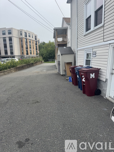 A row of red and blue dumpsters are lined up on a street.