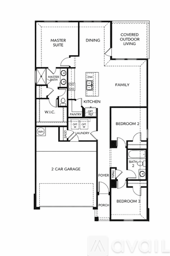 A floor plan of a house with a master suite, two bedrooms, a garage, and a covered outdoor living space.